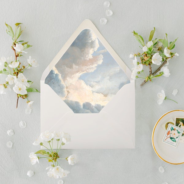 Envelop liner sjabloon Sky Cloud afdrukbaar, beeldende kunst, vintage trouwenvelop, a7 euro flap en vierkante flap voering, a6, a2, a1, 4bar,