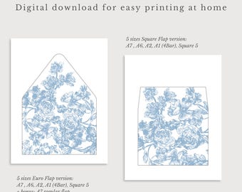 Blue Floral Envelope Liner Template, Vintage Wedding (Digital Download)