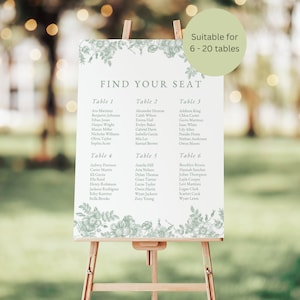 Salbei grün floral Hochzeit Sitzplan Vorlage, druckbare Hochzeit Tischplan Vorlage, bearbeitbares canva druckbares Hochzeit Sitzplan Poster