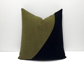 Capa de almofada decorativa preta e verde cáqui, capa de almofada para sofá com design exclusivo em blocos de cores, decoração para casa em preto e verde.