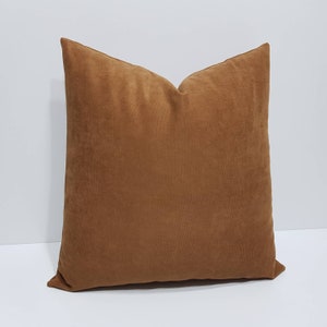 May include: A brown velvet pillow with a square shape. The pillow is made of a soft, plush fabric.