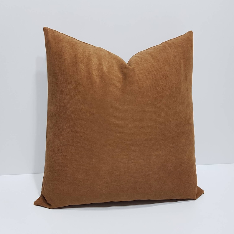 May include: A brown velvet pillow with a square shape. The pillow is made of a soft, plush fabric.