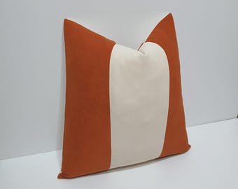 burnt orange and cream pillow cover, burnt orange color block cushion cover, designer sofa throw pillow cases