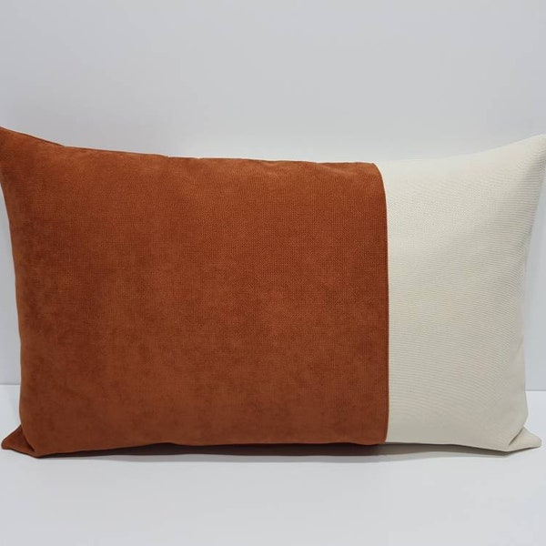 rust lumbar pillow cover, rust and cream cushion case, modern lumbar pillow cover, designer color block pillow cover, 12x18, 12x20, 14x22