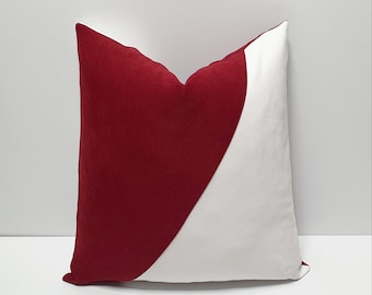 burgundy and white throw pillow cover, designer burgundy sofa cushion covers, decorative color block couch pillowcase