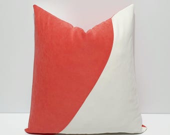 coral pink and white cushion case, designer decorative sofa pillow cover, modern bed throw pillowcase, luxury couch cushion cover