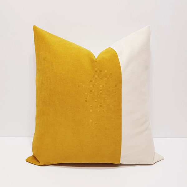 mustard yellow pillow cover, mustard and cream pillow cover, modern yellow cushion, mustard sofa throw pillow, designer lumbar cushion case