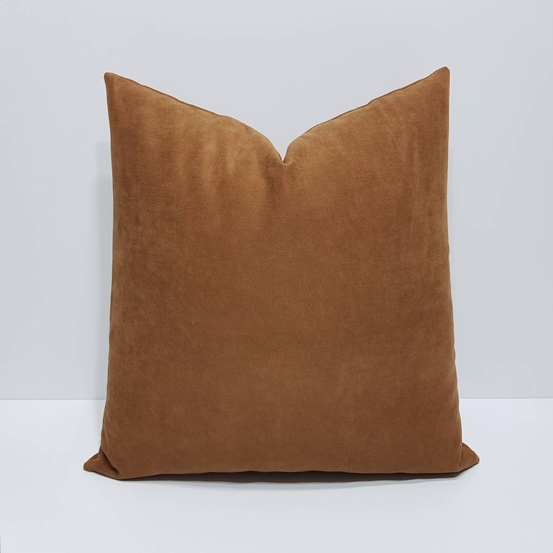 May include: A brown velvet throw pillow with a square shape.