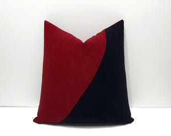 Capa de almofada decorativa moderna em tons de vinho e preto, capa de almofada com blocos de cor vinho e preto, decoração para casa