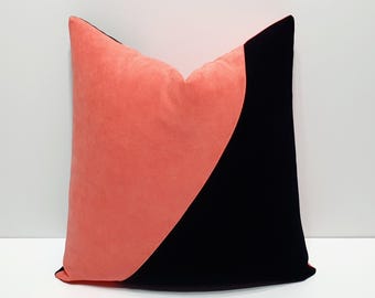 black and coral pink throw pillow cover, black and pink decor, decorative sofa cushion cover, designer couch lumbar pillowcase, home gift