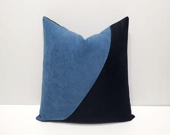 Capa de almofada decorativa preta e azul acinzentada, capa de almofada para sofá com blocos de cor preto e azul, capa de almofada decorativa estilo europeu para sofá.
