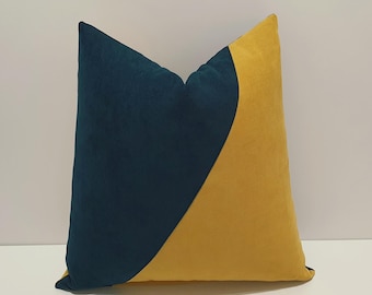 dark teal and mustard yellow throw pillow cover, designer color block sofa cushion cases, decorative teal couch pillowcase