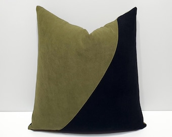 black and khaki green throw pillow cover, designer color block sofa cushion case, black and green decor