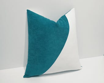 teal pillow cover, teal and white pillow cases, designer cushion cover, decorative throw pillow, modern sofa pillow cover, color block decor