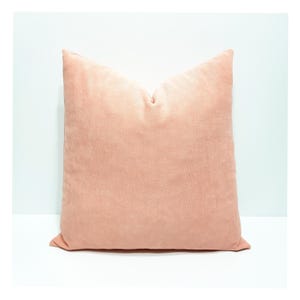 May include: A square throw pillow featuring a solid, light peach-colored fabric with a soft, velvet-like texture. The pillow has a clean, minimalist design with visible stitching along the edges and a plush, filled appearance.