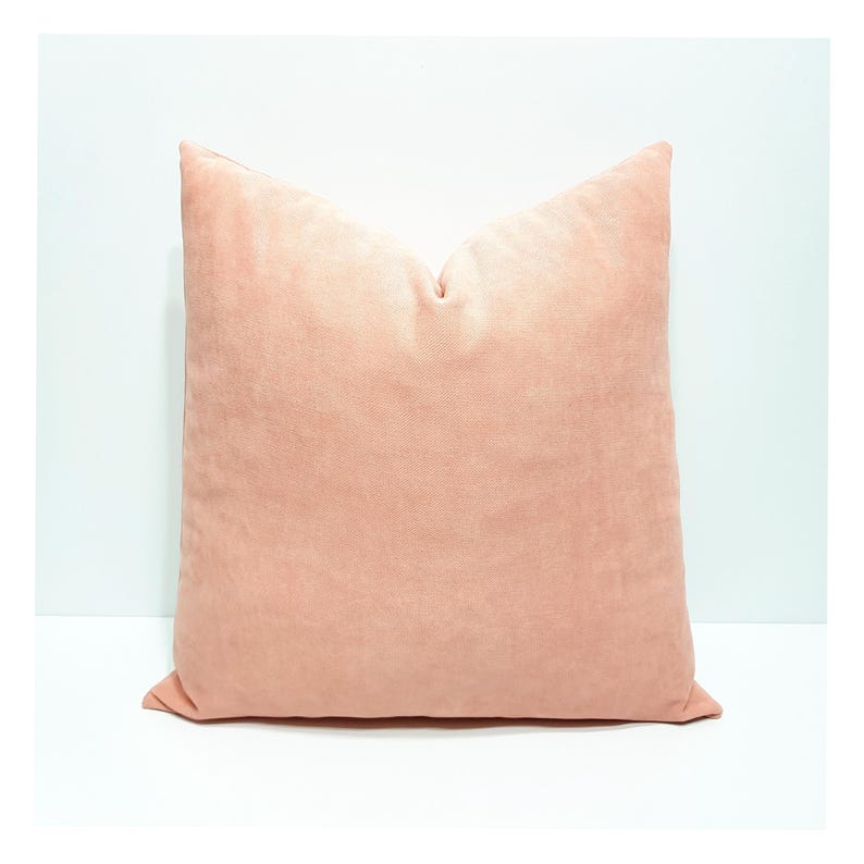 May include: A square throw pillow featuring a solid, light peach-colored fabric with a soft, velvet-like texture. The pillow has a clean, minimalist design with visible stitching along the edges and a plush, filled appearance.