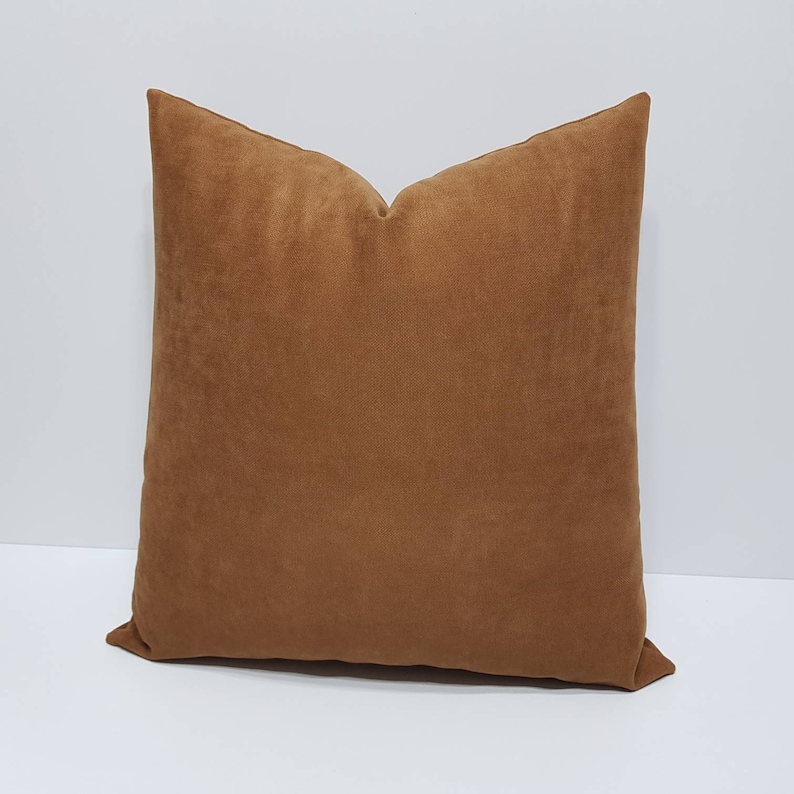 May include: A brown velvet pillow with a square shape. The pillow is made of a soft, plush fabric.