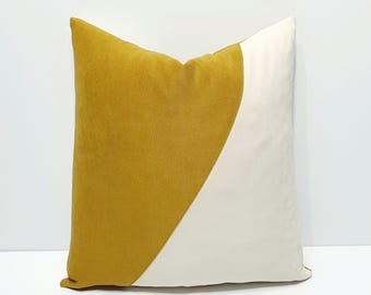 mustard yellow and cream throw pillow cover, decorative mustard cushion case, color block sofa pillowcase, designer home decor