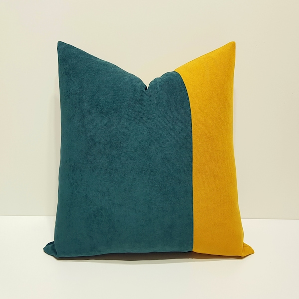 dark teal pillow cover, teal and mustard yellow pillow cover, sofa color block pillows, geometric cushions, modern pillow cover