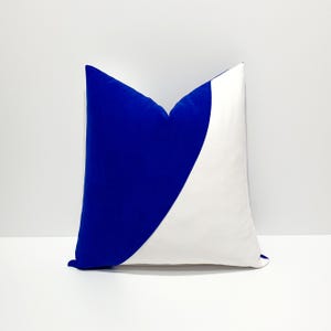 May include: A square throw pillow featuring a bold color-blocked design. The left side is a vibrant royal blue, while the right side is a crisp white. The two colors are separated by a smooth, curved diagonal line that runs from the top to the bottom.