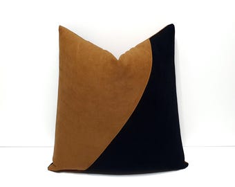Capa de almofada decorativa preta, capa de almofada preta e camelo escuro, capa de almofada para sofá com blocos de cores, decoração de casa de designer