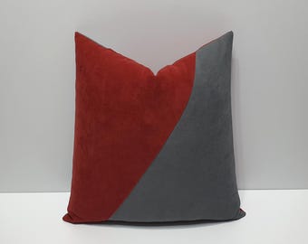 Capa de almofada decorativa de designer, cinza e vermelho queimado, capa de almofada para sofá, capa de almofada para sofá em blocos de cores