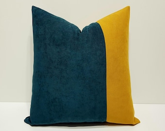 dark teal pillow cover, teal and mustard yellow, decorative sofa pillow cases, geometric cushion cover, designer couch pillow case