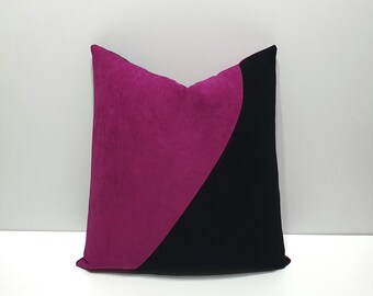 Capa de almofada decorativa em tons de fúcsia escuro e preto, capa de almofada para sofá com blocos de cor preta, capa de almofada decorativa estilo europeu.