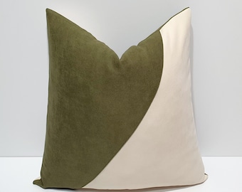khaki green ang cream pillow cover, decorative couch cushion cases, color block sofa pillowcase, kissenbezug, coussin housse