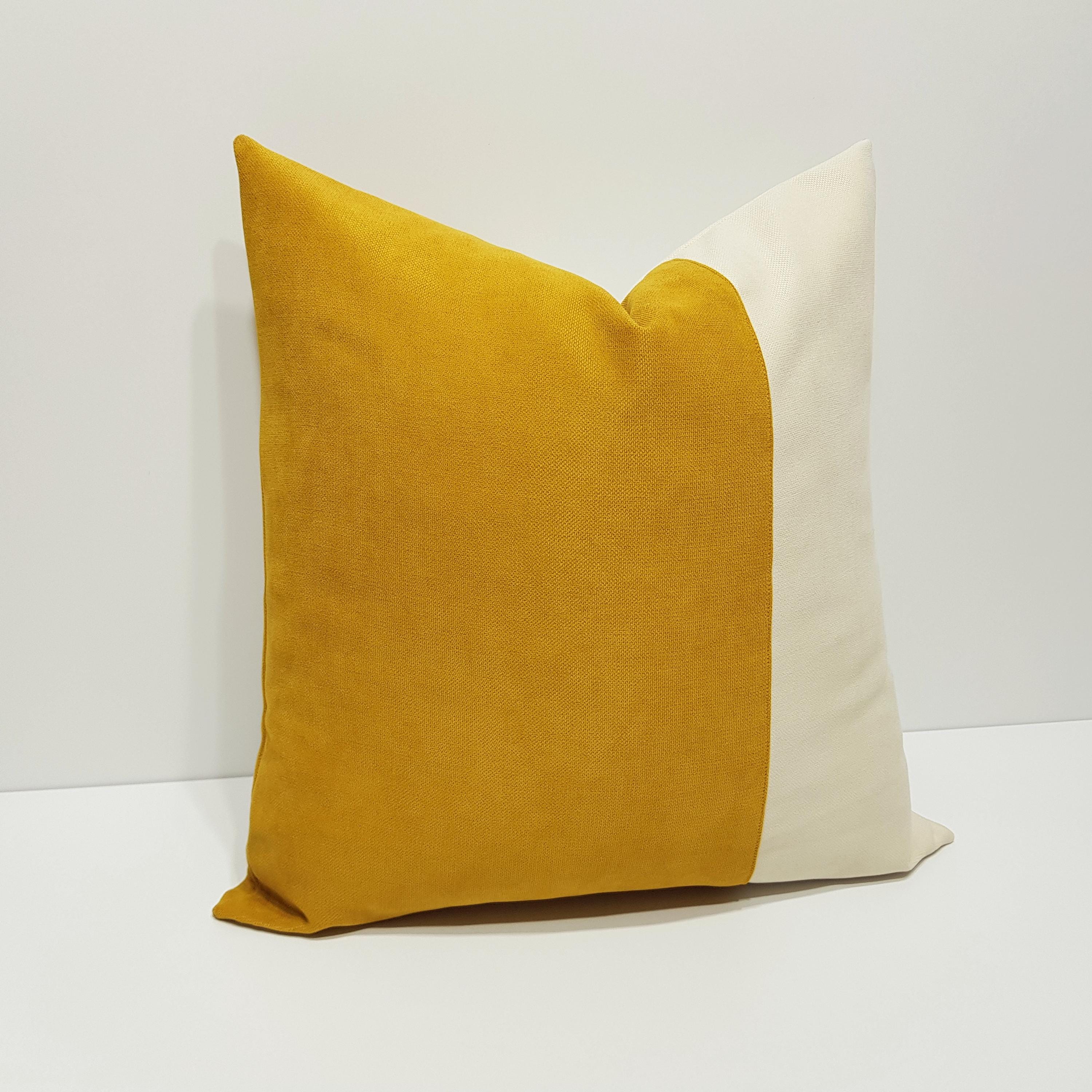 Senf Gelber Kissenbezug, Vintage Sofakissen in Senfgelb und Beige, Designer Sofakissenbezug