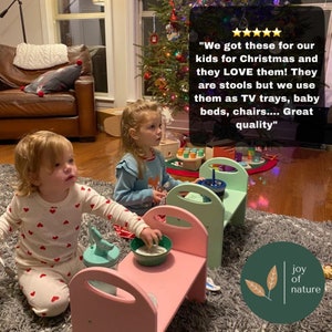 Puede incluir: Dos niños están sentados en taburetes de madera, uno rosa y otro verde, con una cita sobre los taburetes que dice "We got these for our kids for Christmas and they LOVE them! They are stools but we use them as TV trays, baby beds, chairs.... Great quality".