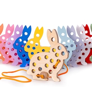KOSTENFREIER VERSAND, Holz Schnürspielzeug, Osterhase Schnürspielzeug, Montessori Spielzeug, Schnürspielzeug, Baby-Kleinkindspielzeug, Techflex Schnürband