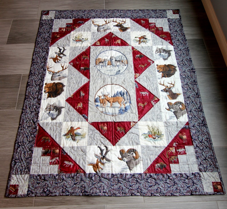 Hunting Quilt Handmade Quilt Red Blue Gray Throw Quilt Etsy