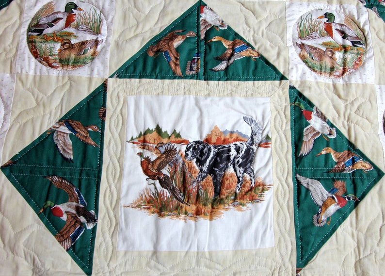 Bird Hunting Quilt Handmade Green Cream Throw Quilt Etsy