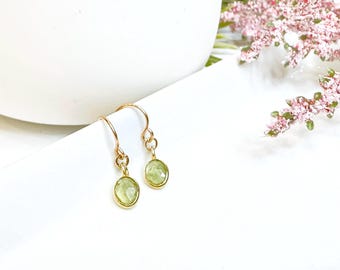 Tiny Peridot Dangle Earrings, Dainty Gem Drop Earring, August Birthstone Jewelry, Minimalist Green Gemstone 16th Anniversary Gift Wife Women