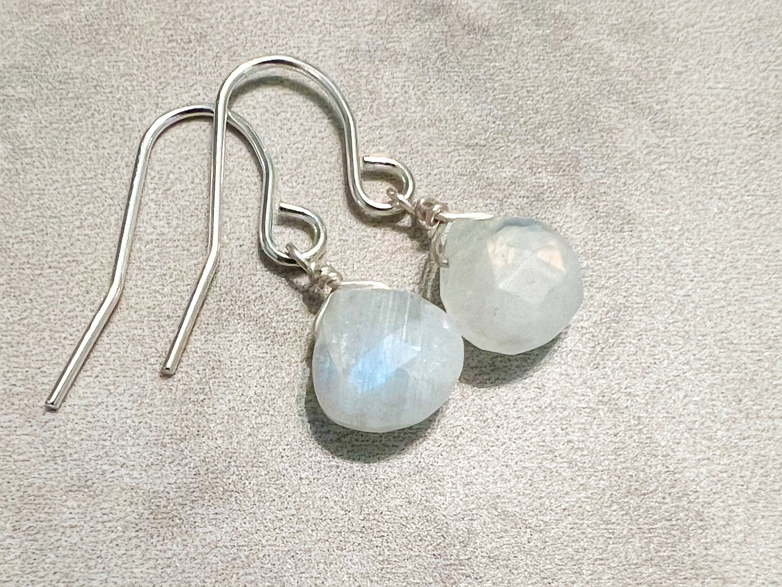Moonstone Dangle Earrings, Dainty Drop Earrings, Wire Wrapped Briolette, White Rainbow Moonstone Earring Women, June Birthstone Gift for Her