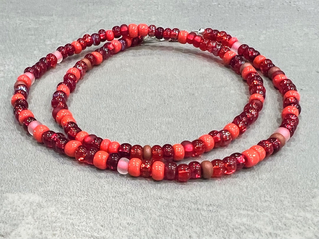 Red Seed Beaded Necklace Glass Bead Necklace Boho Wrap Etsy