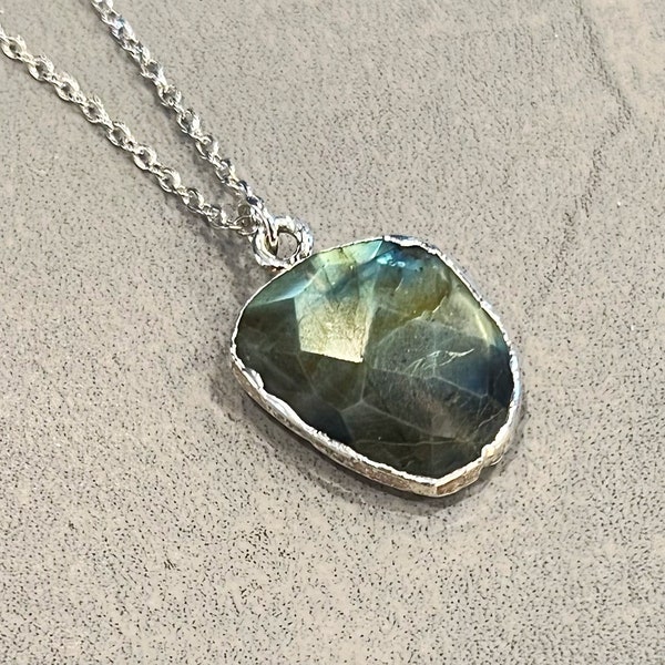 Flashy Labradorite Pendant Necklace Sterling Silver, Freeform Nugget Labradorite Gemstone Slice, Polished Faceted Gem Stone, Gift for Mom