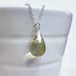 Lemon Quartz Necklace Sterling Silver, Lemon Quartz Briolette Gem Drop Pendant, Rare Light Yellow Gemstone, November Birthstone Gift for Her