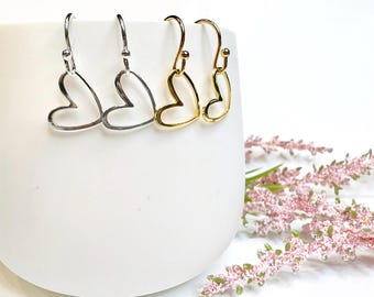 Floating Heart Earrings, Gold Heart Earrings, Open Heart Dangle Earring, Silver Heart Charm, Valentines Day Jewelry, Galentine Gift for Her