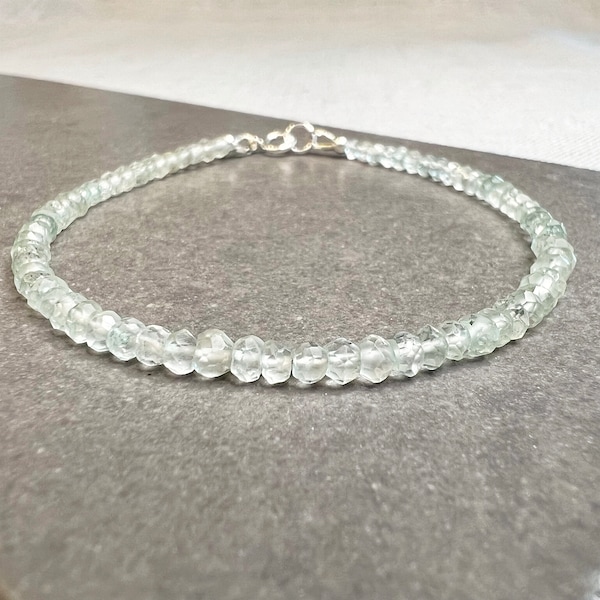 Prasiolite Bracelet, Light Green Amethyst Crystal Gemstone, Delicate Bead Bracelet, February Handmade Birthstone Jewelry, Mint Green Quartz