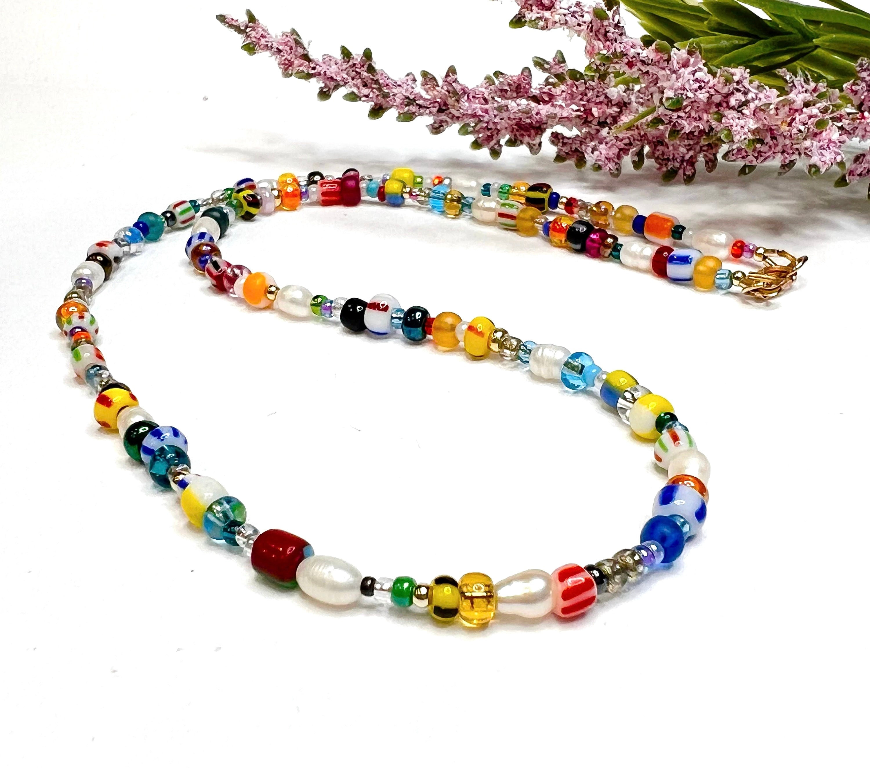 Colorful Mixed Glass & Pearl Beaded Necklace, Handmade Y2K Choker