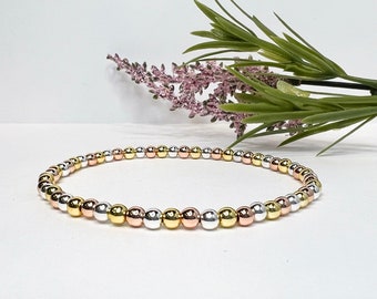 Mixed Metal Hematite Bracelet, Tri Tone Stretch Bracelet, Tricolor Multi Metal Beaded Bracelet, Anklet or Necklace, Gold Silver Rose Gold