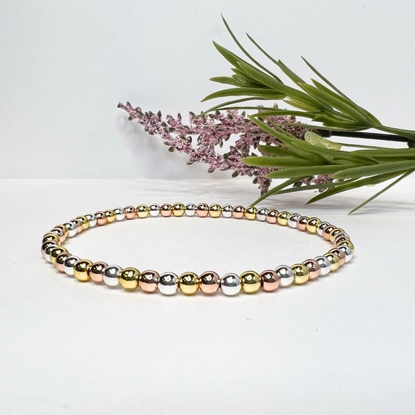 Mixed Metal Hematite Bracelet, Tri Tone Stretch Bracelet, Tricolor Multi Metal Beaded Bracelet, Anklet or Necklace, Gold Silver Rose Gold