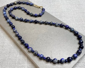 Lapis Lazuli Beaded Necklace, Blue Gemstone Necklace, Lapis Lazuli Choker, 9th Wedding Anniversary Gift, December Birthstone Necklace