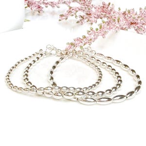 Sterling Silver Rice Bead Bracelet, Minimalist Oval Beaded Choker Necklace, Dainty Anklet Stretch or Clasp, Handmade Boho Chic Jewelry Women