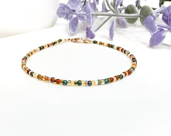 Multicolor Seed Bead Bracelet Necklace or Anklet, Miyuki Glass Beaded Bracelet, Thin Beaded Choker, Fall Jewelry, Earth Tone Neutral Colors