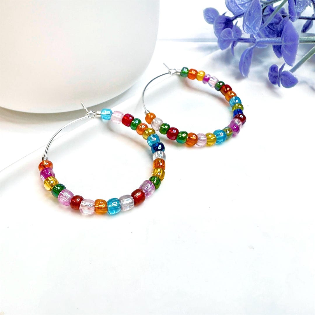 Multicolor Glass Seed Bead Hoops, Fun Confetti Earrings Women, Colorful ...