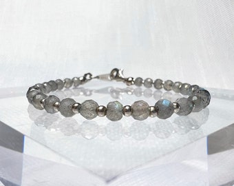 Labradorite Bracelet and Silver Gold or Rose Gold, Labradorite Beaded Bracelet, Blue Flash Gemstone, Labradorite Bead Necklace or Anklet