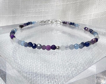 Mixed Gemstone Beaded Bracelet, 2mm Tiny Beads, Thin Multicolored Choker Necklace, Rainbow Moonstone Blue Sapphire, Purple Amethyst Iolite,